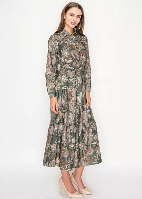 Olive Floral Tiered Shirt Dress
