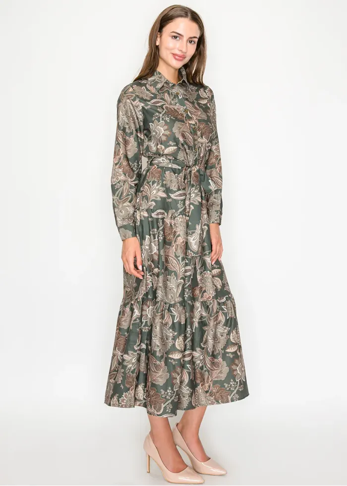 Olive Floral Tiered Shirt Dress