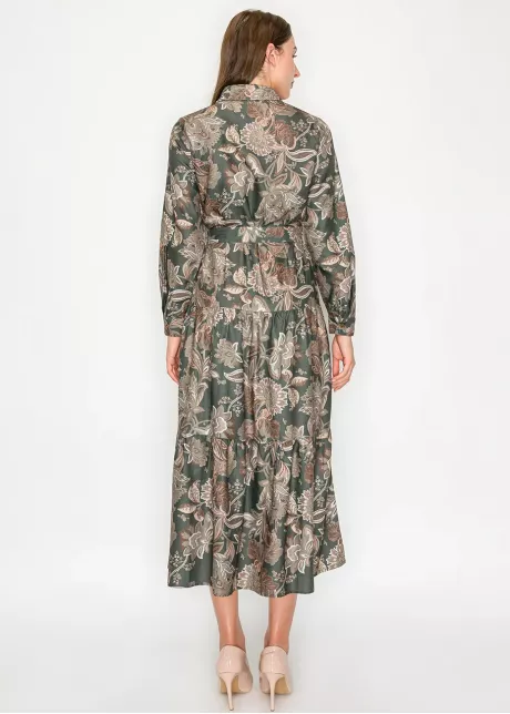 Olive Floral Tiered Shirt Dress