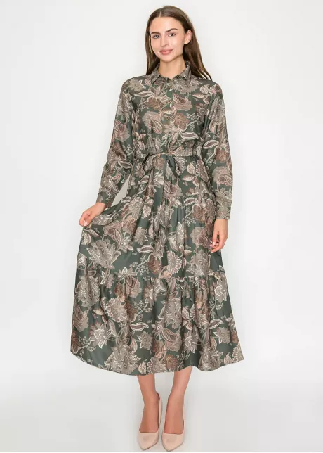 Olive Floral Tiered Shirt Dress