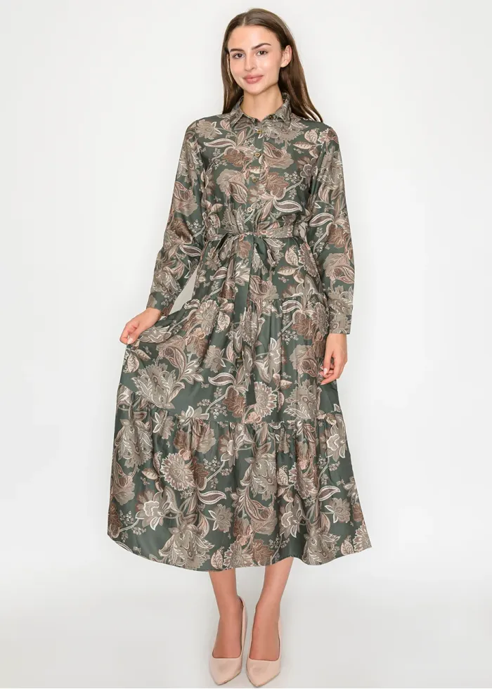 Olive Floral Tiered Shirt Dress