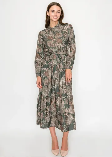 Olive Floral Tiered Shirt Dress