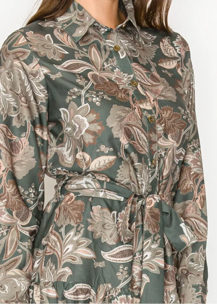 Olive Floral Tiered Shirt Dress