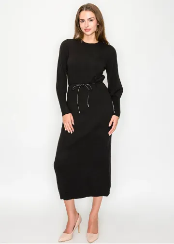 Black Long Sleeve Knit Dress with Belt