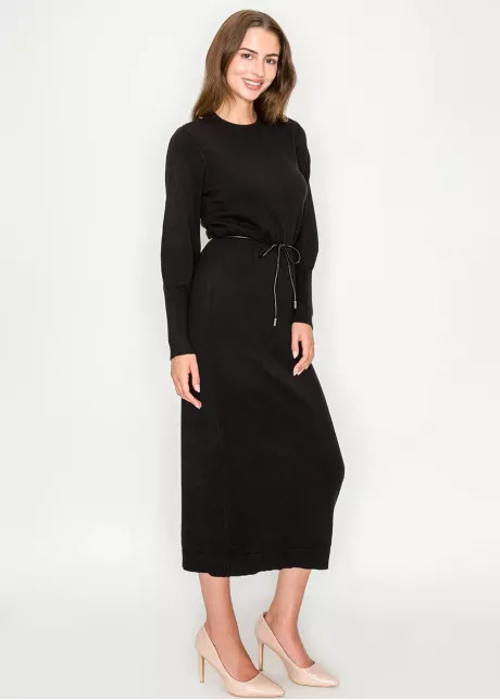 Black Long Sleeve Knit Dress with Belt