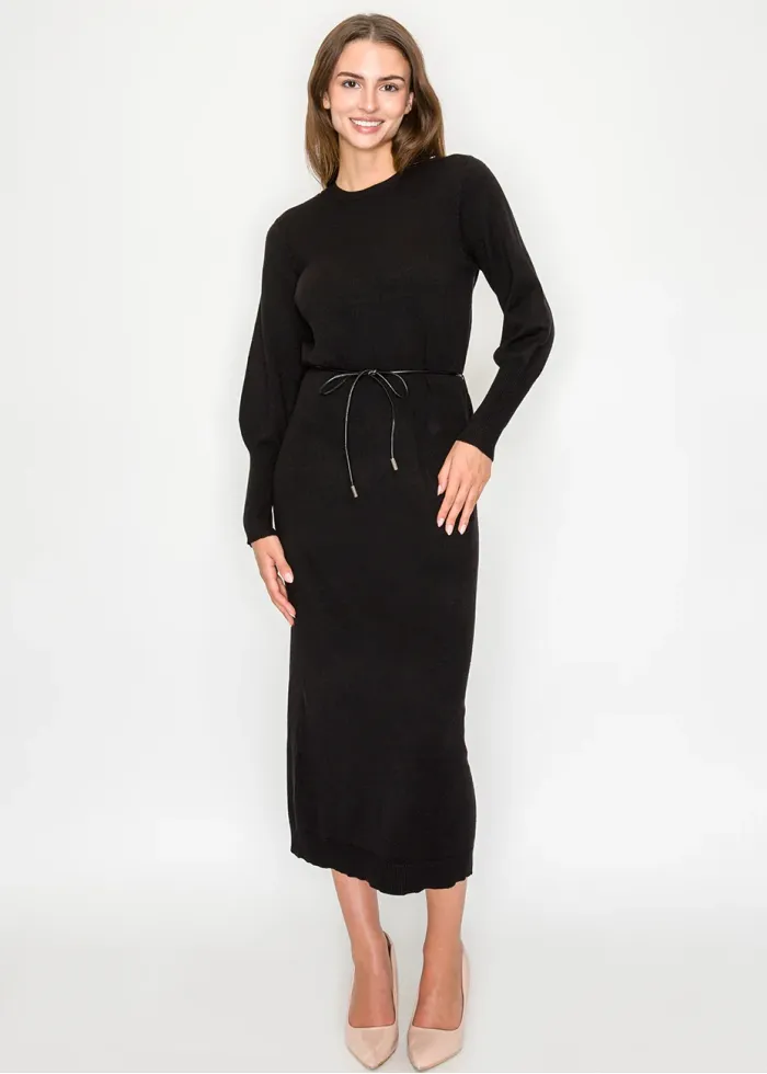 Black Long Sleeve Knit Dress with Belt