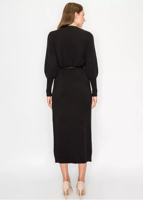 Black Long Sleeve Knit Dress with Belt