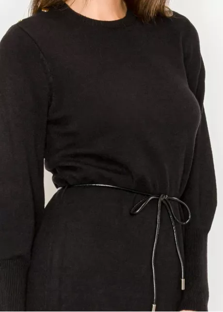 Black Long Sleeve Knit Dress with Belt