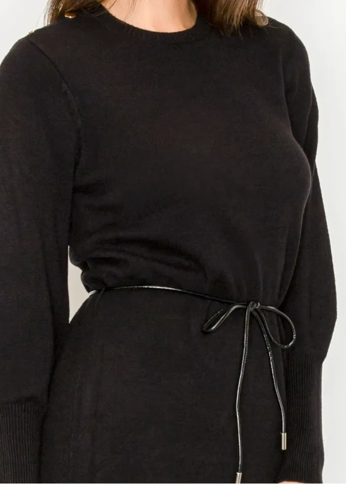 Black Long Sleeve Knit Dress with Belt