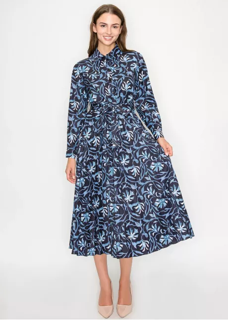 Blue Floral Midi Shirt Dress with Belted Waist