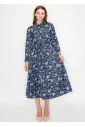 Blue Floral Midi Shirt Dress with Belted Waist