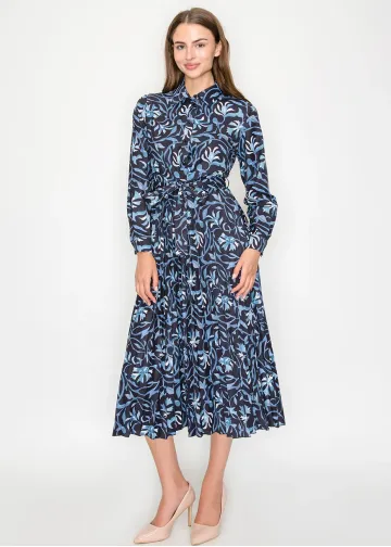 Blue Floral Midi Shirt Dress with Belted Waist