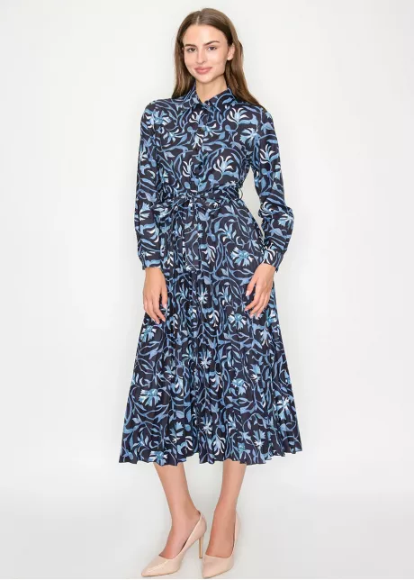 Blue Floral Midi Shirt Dress with Belted Waist
