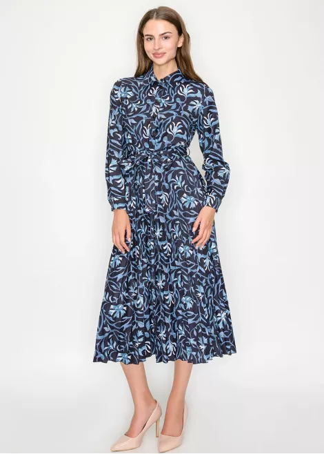 Blue Floral Midi Shirt Dress with Belted Waist Blue Floral Midi Shirt Dress with Belted Waist