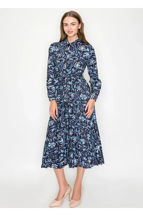 Blue Floral Midi Shirt Dress with Belted Waist