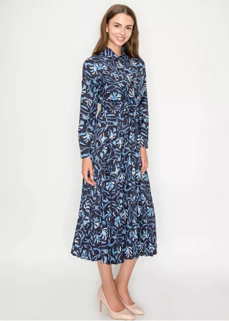 Blue Floral Midi Shirt Dress with Belted Waist