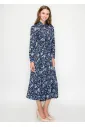 Blue Floral Midi Shirt Dress with Belted Waist