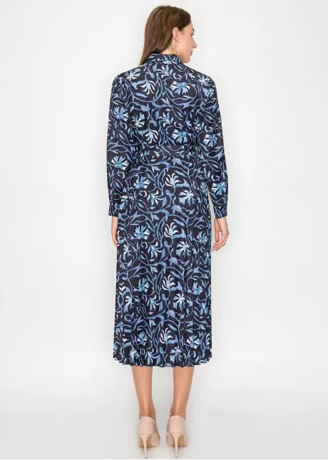 Blue Floral Midi Shirt Dress with Belted Waist