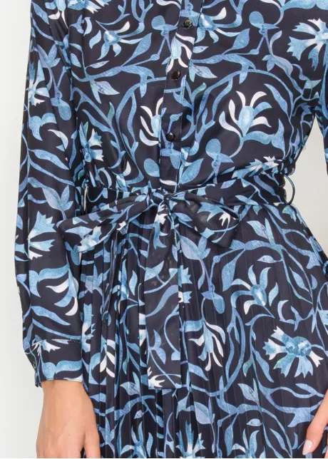 Blue Floral Midi Shirt Dress with Belted Waist