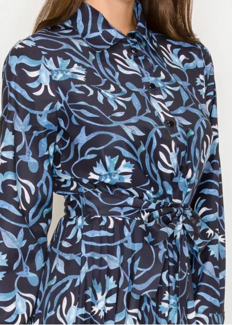 Blue Floral Midi Shirt Dress with Belted Waist