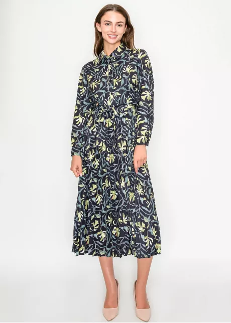 Black Green Floral Button-Front Midi Dress