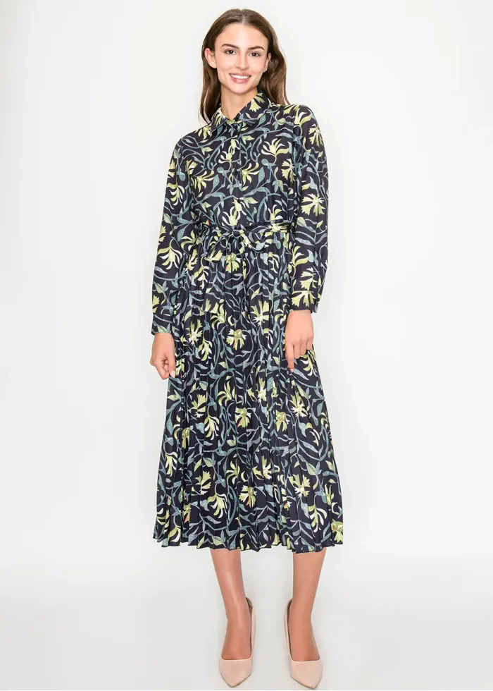 Black Green Floral Button-Front Midi Dress