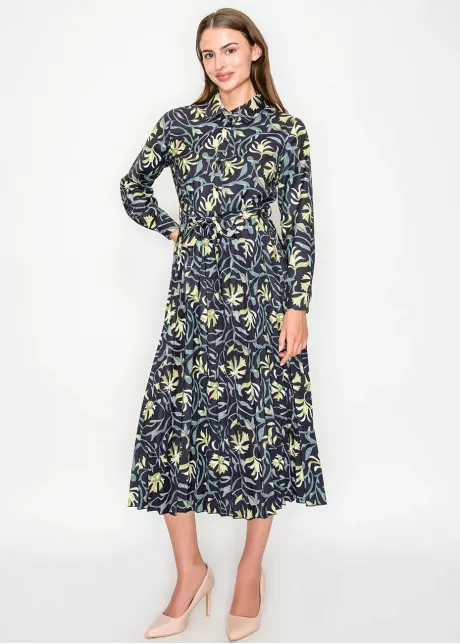 Black Green Floral Button-Front Midi Dress
