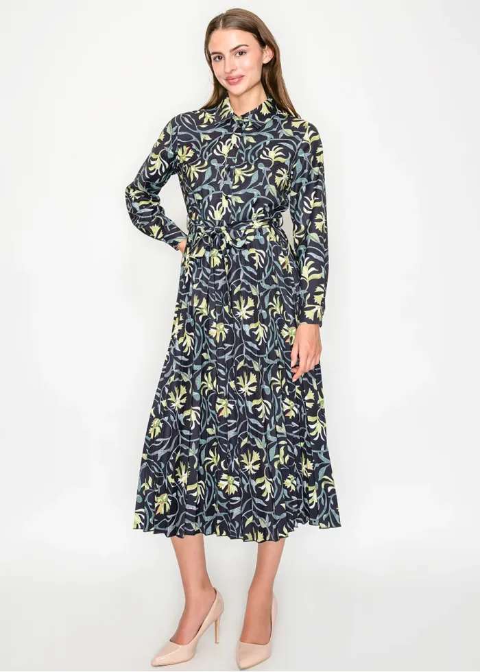 Black Green Floral Button-Front Midi Dress