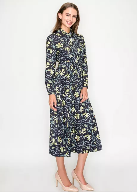 Black Green Floral Button-Front Midi Dress