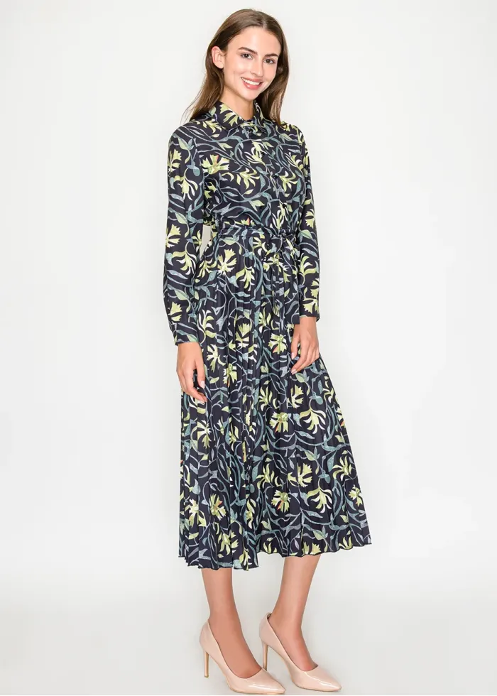 Black Green Floral Button-Front Midi Dress