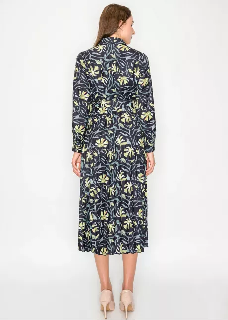 Black Green Floral Button-Front Midi Dress