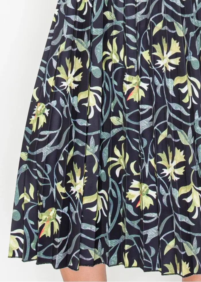 Black Green Floral Button-Front Midi Dress