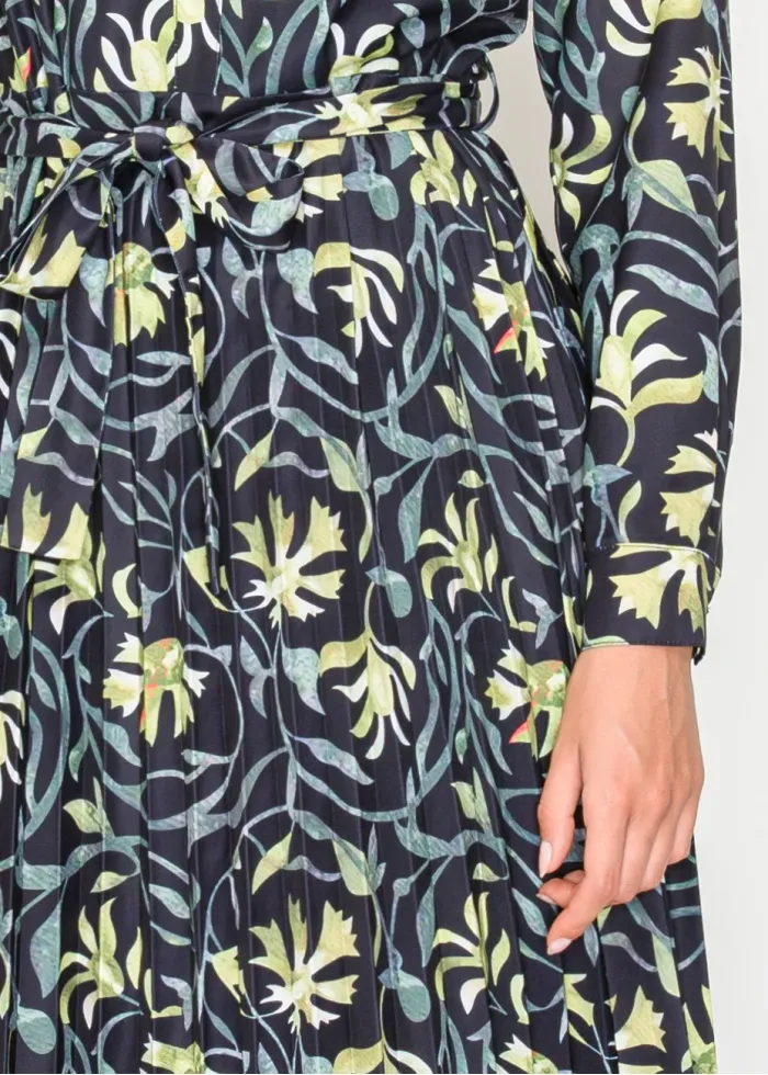 Black Green Floral Button-Front Midi Dress