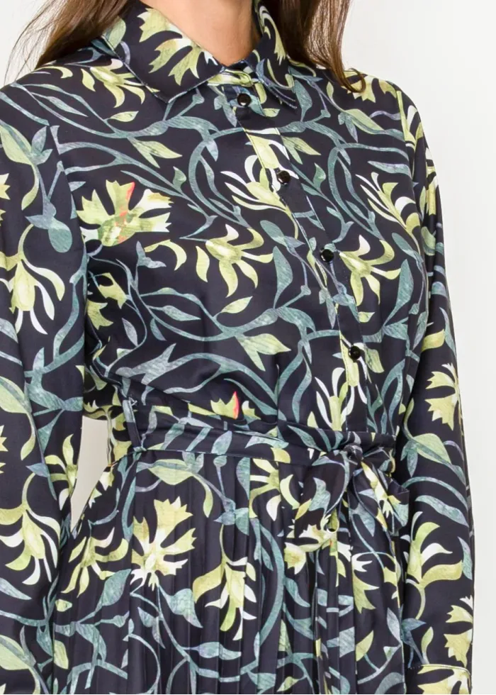 Black Green Floral Button-Front Midi Dress