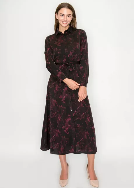 Burgundy Floral Tie-Waist Midi Shirt Dress