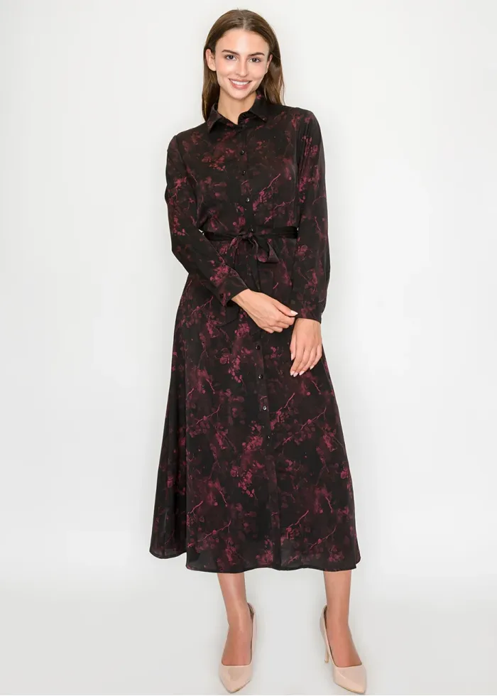 Burgundy Floral Midi Shirt Dress