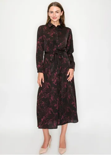 Burgundy Floral Tie-Waist Midi Shirt Dress
