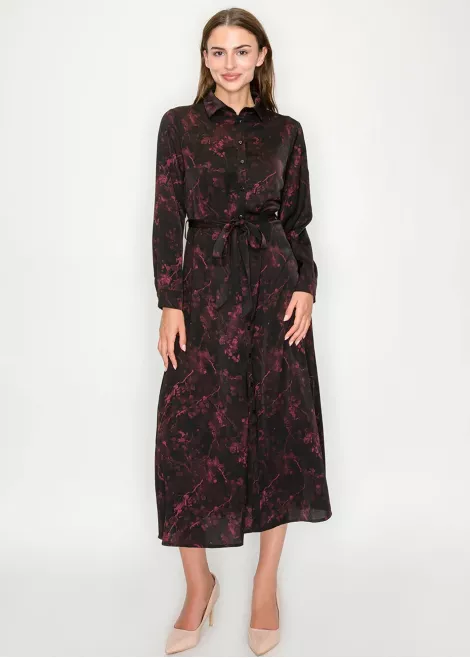 Burgundy Floral Tie-Waist Midi Shirt Dress Burgundy Floral Tie-Waist Midi Shirt Dress