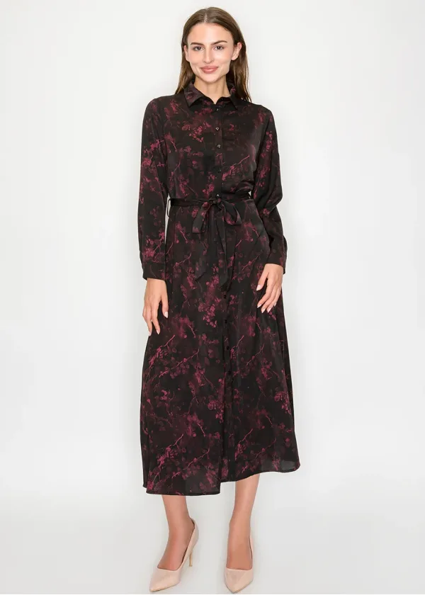 Burgundy Floral Midi Shirt Dress