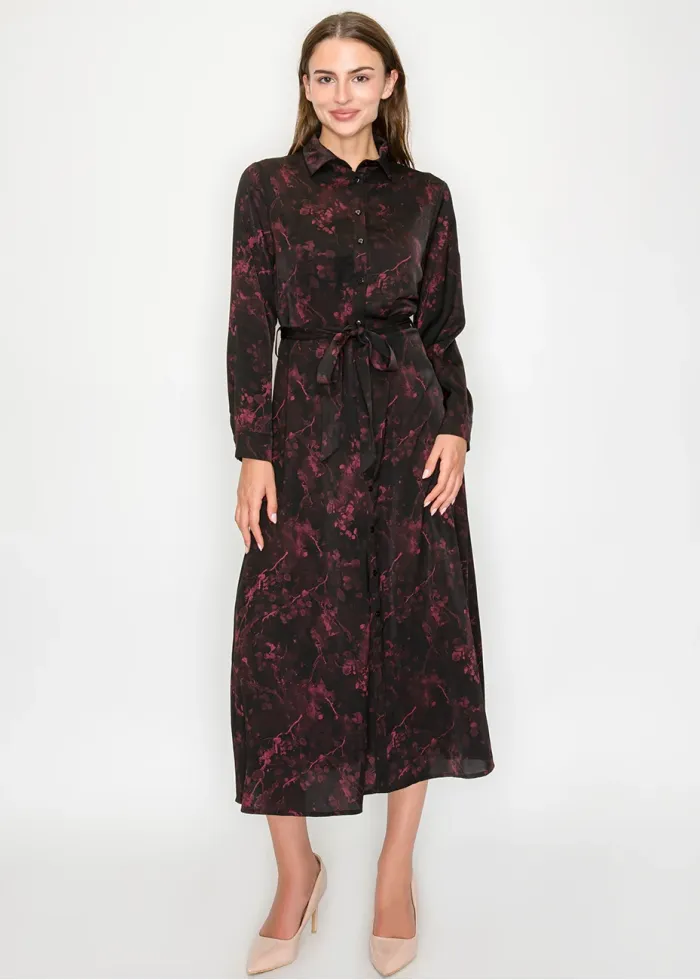 Burgundy Floral Midi Shirt Dress