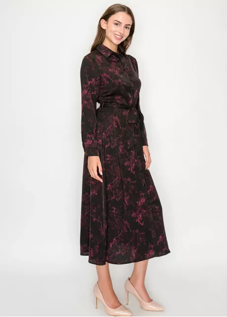 Burgundy Floral Tie-Waist Midi Shirt Dress