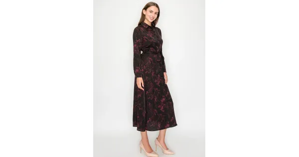 Burgundy Floral Tie-Waist Midi Shirt Dress | Modest Women Clothing - YAL  New York