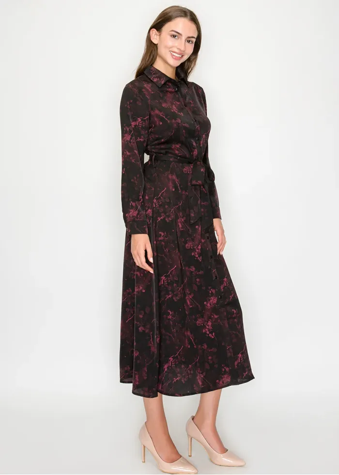 Burgundy Floral Midi Shirt Dress