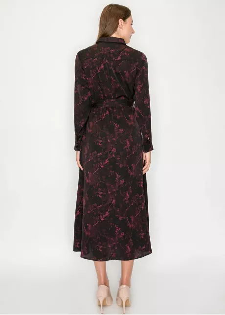 Burgundy Floral Tie-Waist Midi Shirt Dress
