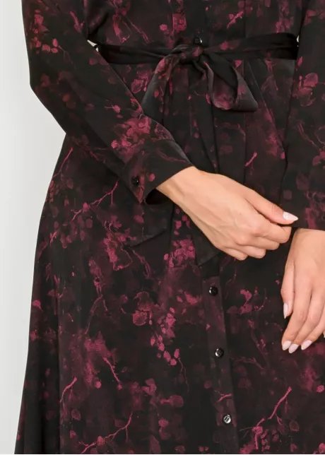 Burgundy Floral Tie-Waist Midi Shirt Dress
