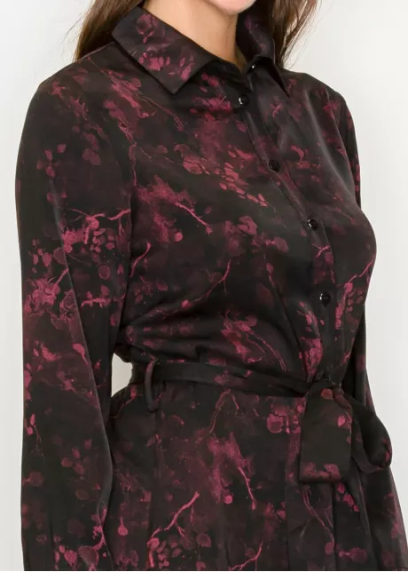 Burgundy Floral Tie-Waist Midi Shirt Dress