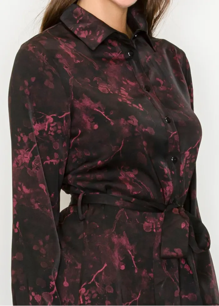 Burgundy Floral Midi Shirt Dress