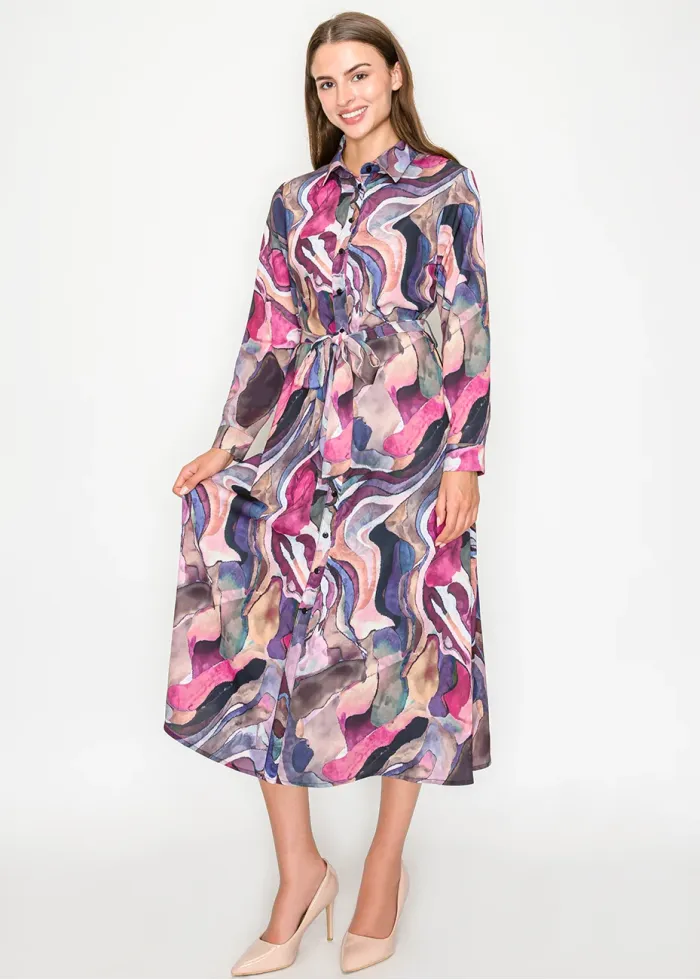 Colorful Abstract Midi Shirt Dress with Belt