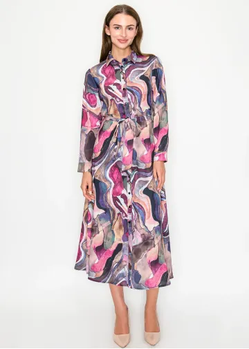 Colorful Abstract Midi Shirt Dress with Belt