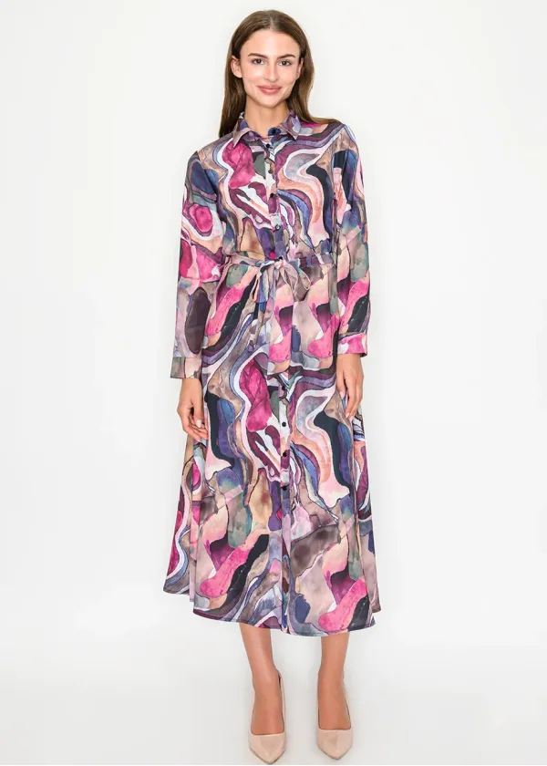 Colorful Abstract Midi Shirt Dress with Belt
